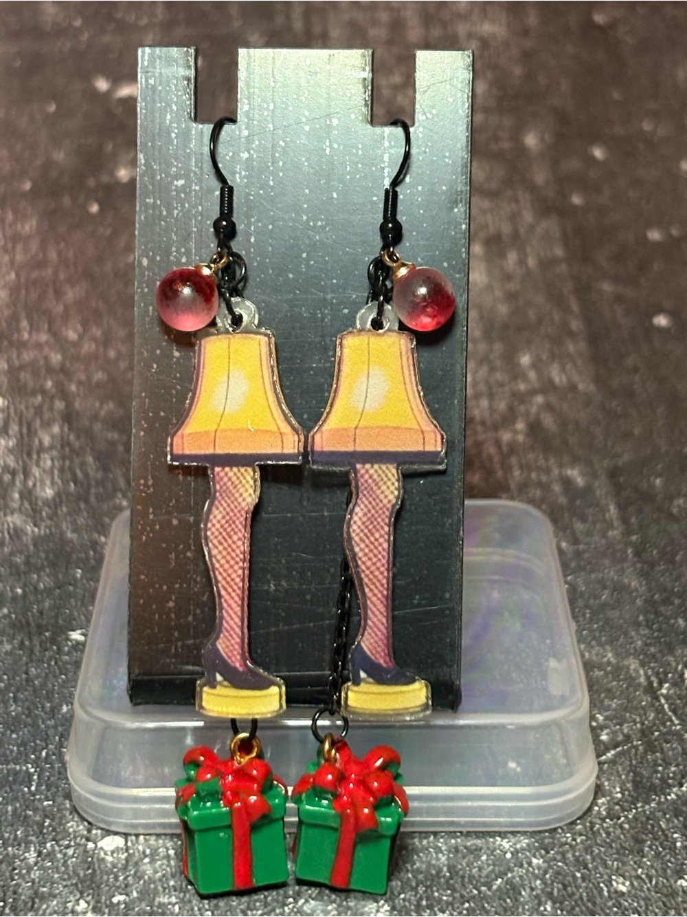 Handmade Christmas story Lamp Leg & Gift Drop Earrings -Yellow, Pink, Green, Red